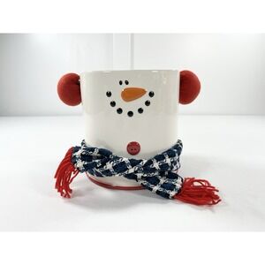 Vintage Snowman Stoneware Bucket Ice Wine Chiller Plaid Scarf Christmas Decor